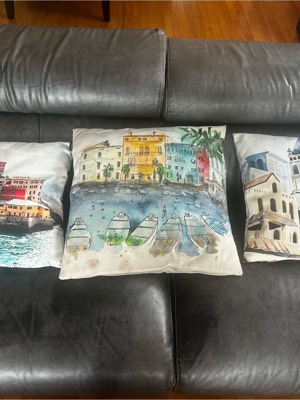 Set of 3 Italian Coastal & Village Watercolor Decorative Throw Pillows